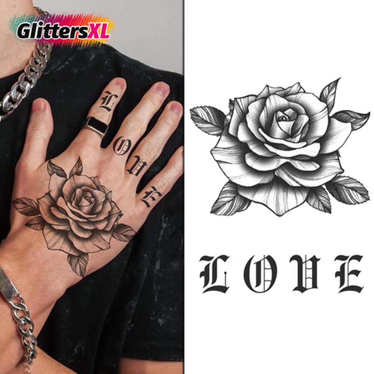 GlittersXL - Temporary Tattoo Bloem Love (11x8cm) [Neptattoo - Tijdelijke tatoeage - Nep Fake Tattoos - Water overdraagbare festival sticker henna outfit tattoo - Glitter tattoo - Volwassenen Kinderen Jongen Meisje]